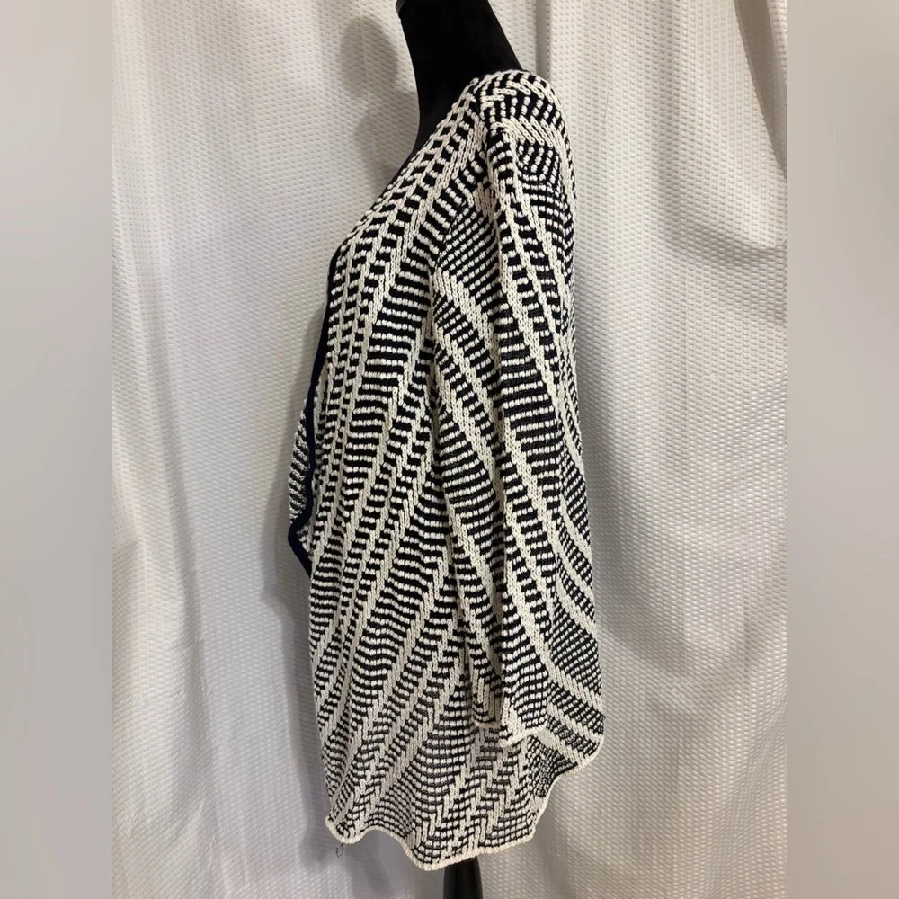 CJ Banks boho black white 3/4 sleeve cotton blend open front draped cardigan NWT